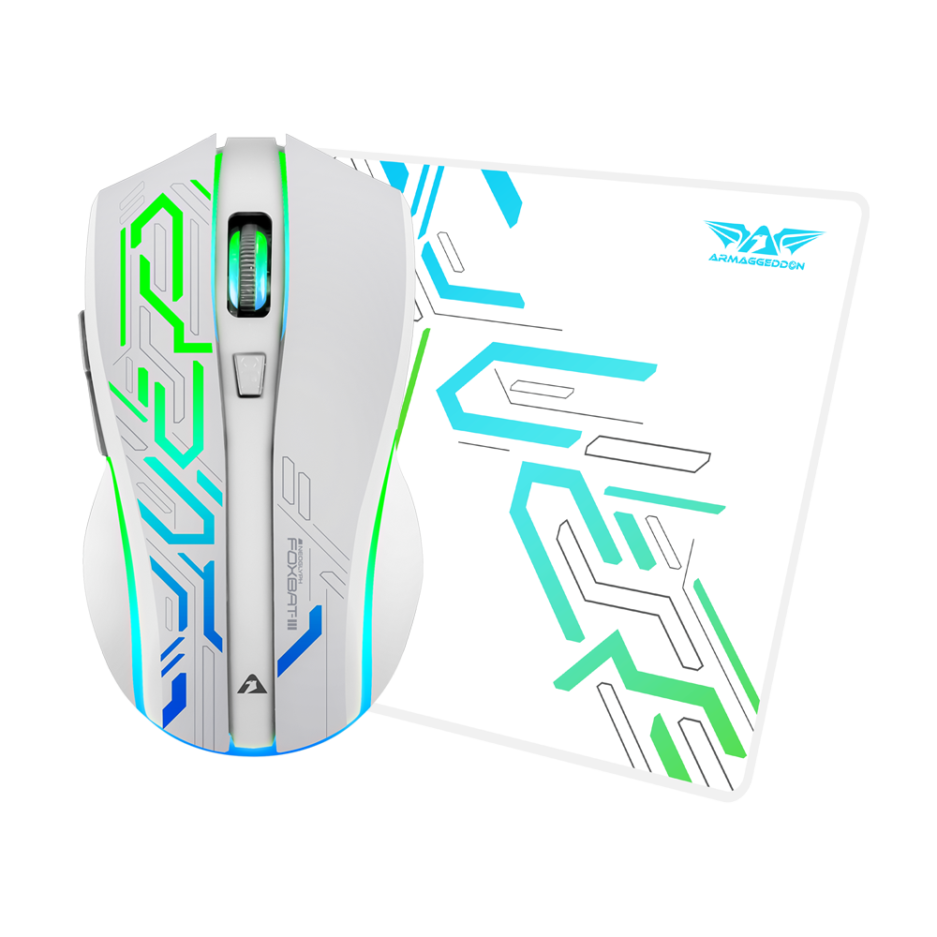 Mouse +mouse PAD Armaggeddon Neoglyph Mikoyan Foxbat-iii RGB 10000DPI Recargable 6BOTONES Programables Conexion Wireless Color White