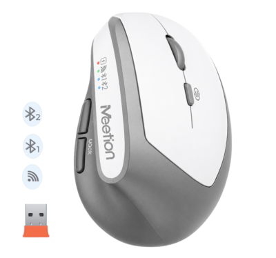 Mouse Ergonomico Meetion BTM008 2400DPI Silencioso Recargable Conexion Bt/wireless Color White/gray
