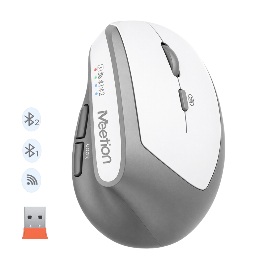 Mouse Ergonomico Meetion BTM008 2400DPI Silencioso Recargable Conexion Bt/wireless Color White/gray