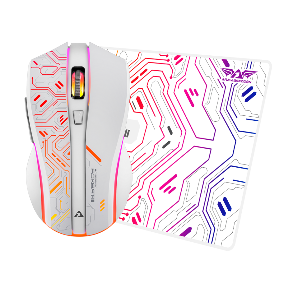 Mouse +mouse PAD ARMAGGEDDON Cyberpunk Mikoyan Foxbat-iii RGB 10000DPI Recargable 6BOTONES Programables Conexion Wireless Color White