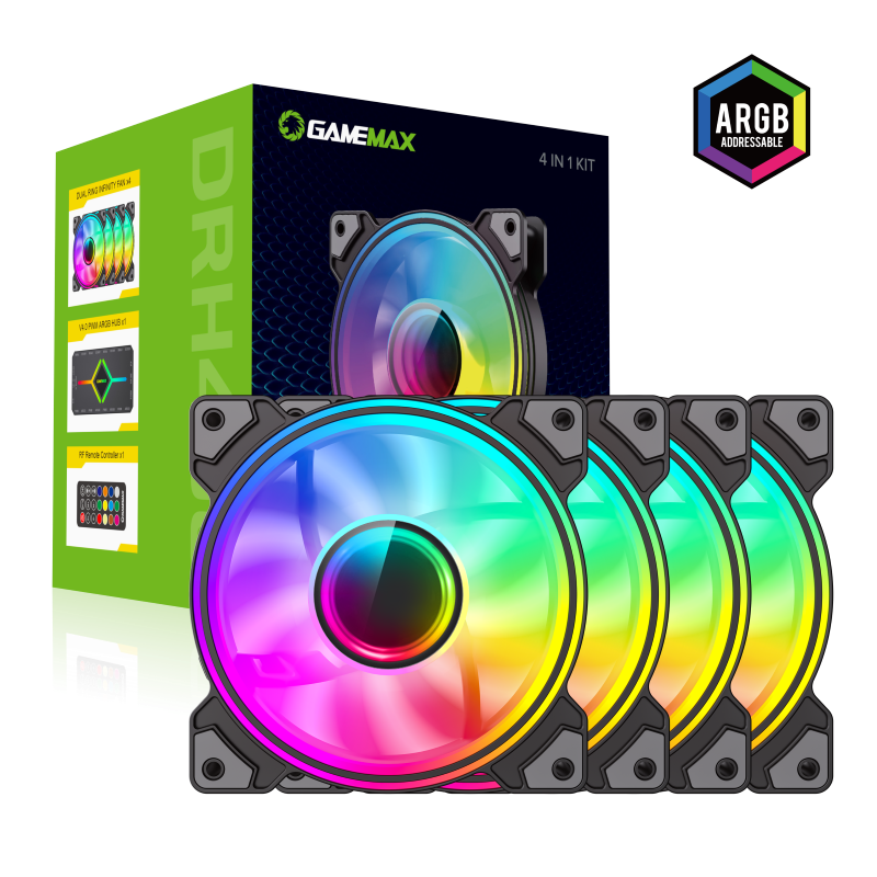 KIT Ventilador Gamemax Argb Modelo: DRH400 Compatible Asus Aura Sync 3PIN Alimentacion PWN 3PIN 120MM Incluye: Control Color Black
