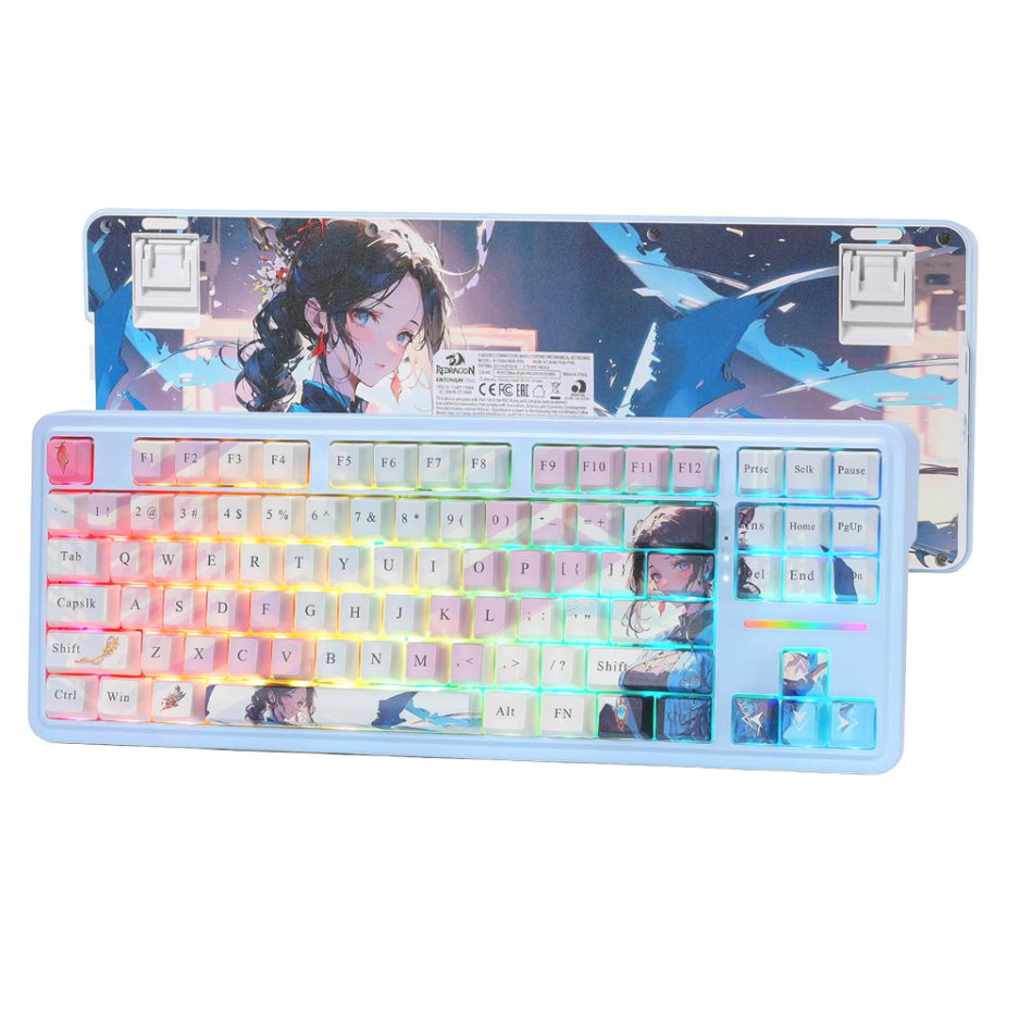 Teclado Mecánico Redragon Antonium PRO K728AB RGB 80% Switch Lineales Conexión Wireless-bt-cable Color White-blue Temática Anime