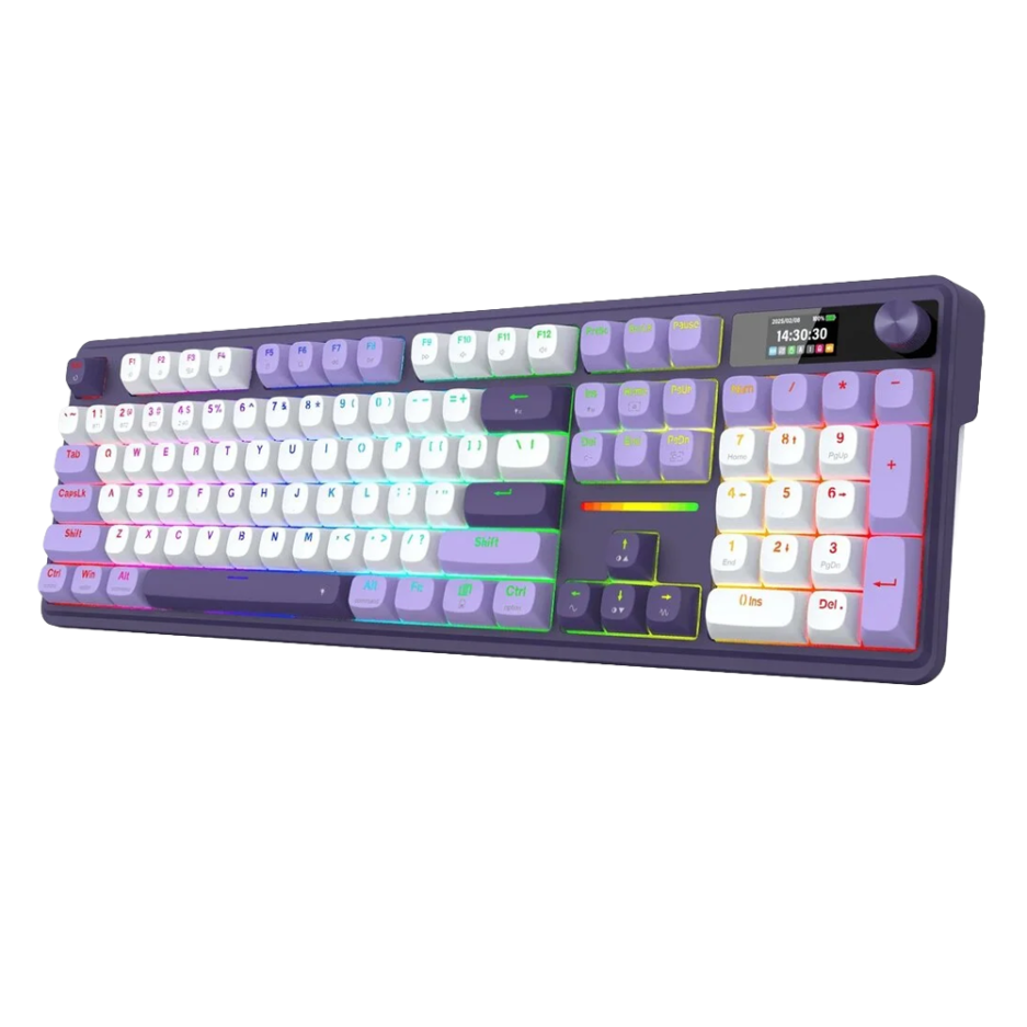 Teclado Mecánico Redragon Terraflare PRO K762WP 100% RGB Display LCD Switch Linear Conexión Bt/wireless/cable Color Wh/purple